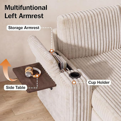 WEUP 86" Modular Sectional Sleeper Sofa with Pull Out Bed, 3 Seat Plush Corduroy L Shaped Couch with USB Ports|Cup Holders|Side Table|Storage Chaise Armrests, Tool Free Assembly, Beige