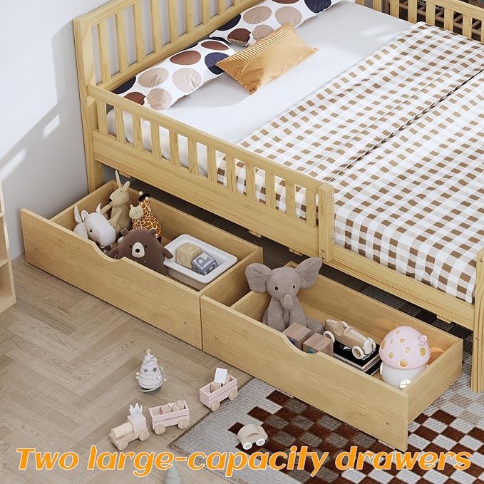 Bellemave Kids Full Size Bed Frame with Storage Drawers,Wood Full Bed Frames for Kids,Full Bed Frame with Headboard and Footboard for Boys Girls,No Box Spring Needed,Natural