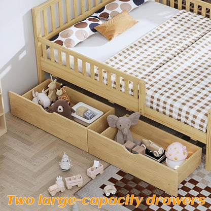 Bellemave Kids Full Size Bed Frame with Storage Drawers,Wood Full Bed Frames for Kids,Full Bed Frame with Headboard and Footboard for Boys Girls,No Box Spring Needed,Natural
