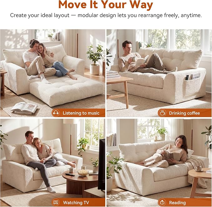MONVANE 55.5" Convertible Loveseat Sofa, Comfy Chenille Cloud Couch with Storage Pocket, Modern Deep Seat Boneless Couch, 2 Seater Sofa for Living Room, No Assembly Required, Beige