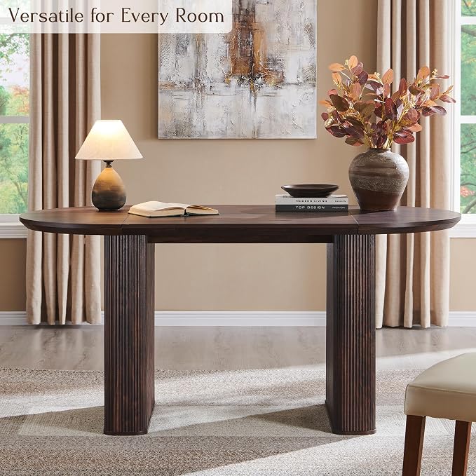 T4TREAM 63" Fluted Oval Dining Table for 4-6, Mid-Century Modern Kitchen Table with Thickened Edge & Strip Pedestal Base, Wood Luxury Table for Dining Room/Kitchen/Home Office, Walnut (Table Only)