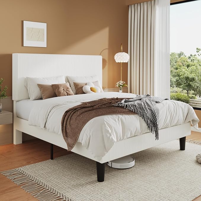 Allewie Queen Size Upholstered Bed Frame with Vertical Channel Tufted Headboard, Soft Corduroy Fabric Platform Bed, Strong Wooden Slats Support, Easy Assembly, No Box Spring Needed, White