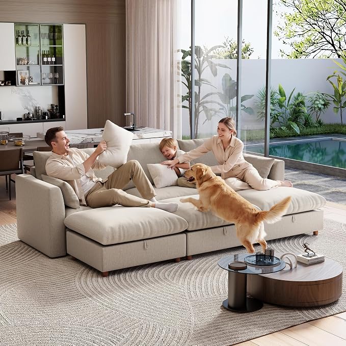 Ihanherry 117" Oversized Modular Sectional Sofa, Modern Cloud Couch with 3 Storage Ottoman, 6-Seat Comfy Chenille Deep Seat Sofa with 2 Pillows for Living Room, Khaki