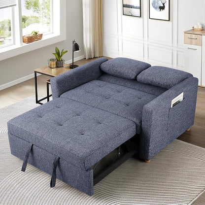 SEJOV Convertible Sofa Bed, 3-in-1 Sleeper Sofa Pull Out Couch Bed, 2-Seater Linen Fabric Loveseat Futon with Spring Support, Adjustable Backrest for Small Spaces, Living Room, Navy Blue