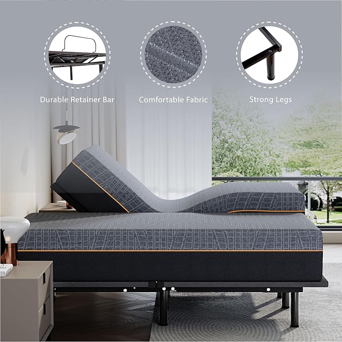 Dyonery Split King Adjustable Bed Base Frame with Wireless Remote + 12 Inch SPK Gel Memory Foam Mattress Bed in a Box, Head and Foot Incline, Zero Gravity, Fiberglass Free,80" × 38"