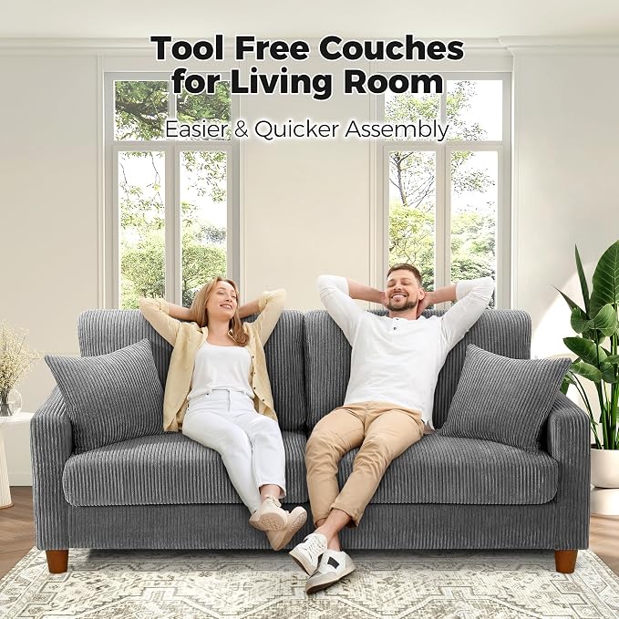 Kidirect 70in Corduroy Couch, Sofa No Tool Assembly, Comfy Couches for Living Room 21in Deeper Seats, Corduroy Sofas for Living Room with 2 Pillows, Oversized Loveseat Sofa, Boho Love Seat Grey Couch