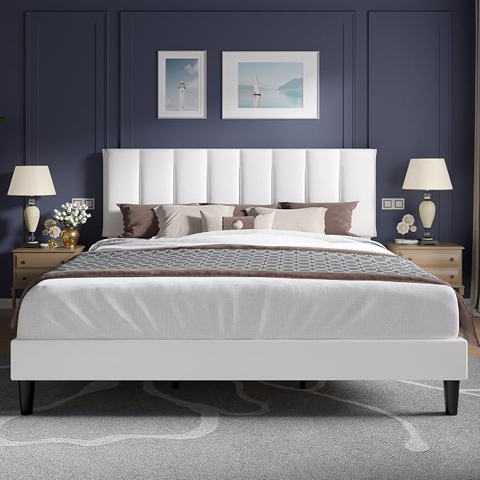 VECELO King Size Bed Frame with Upholstered Headboard, Heavy-Duty Bedframe with Strong Wooden Slats Support, No Boxing Spring Needed, Pure White