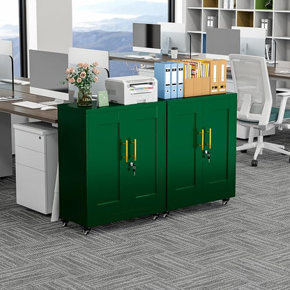 GAIOUS Metal Storage Cabinet with Lock and Wheels, Steel Tool Cabinet | with 2 Door and 2 Adjustable Shelves, 35” Tall Lockable File Cabinet, Garage Cabinet, Rolling Cabinet for Home Office - Green