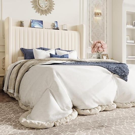 SHA CERLIN Queen Size Velvet Bed Frame with USB Charging Station, Wingback Storage Headboard, Upholstered Platform Bed with Wooden Slats Support, No Box Spring Needed, Easy Assembly, Cream White