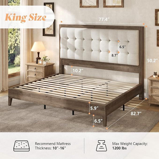 AMERLIFE King Size Bed Frame and Headboard, Solid Wooden Bed Frame King Size Platform Bed Frame Mid-Century Style, No Box Spring Required, Ash Gray