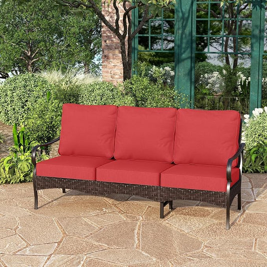 Wicker & Metal Outdoor Patio Couch,3-Seat Patio Sofa with Deep Seating for Front Porch, Deck, Balcony, Backyard, Sunroom,Red