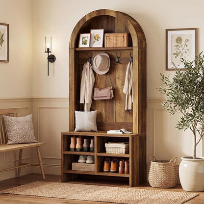 Tribesigns 70.8" Arched Coat Rack, 4-in-1 Hall Tree with Bench and Shoe Storage, Freestanding Coat Tree Rack with 4 Hooks & Adjustable Cubbies, for Mudroom, Entryway, Bedroom, Rustic Brown
