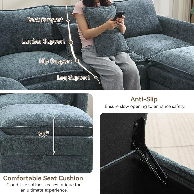 80" Cloud Modular 3 Seater Sofa with Storage, Modern Upholstered Storage Sofa Couch Deep Seat, Sectional Sofa Chenille Comfy Couch with Armrests for Living Room, Small Space, Blue