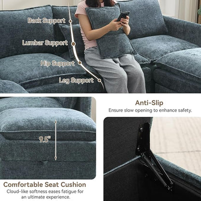 80" Cloud Modular 3 Seater Sofa with Storage, Modern Upholstered Storage Sofa Couch Deep Seat, Sectional Sofa Chenille Comfy Couch with Armrests for Living Room, Small Space, Blue