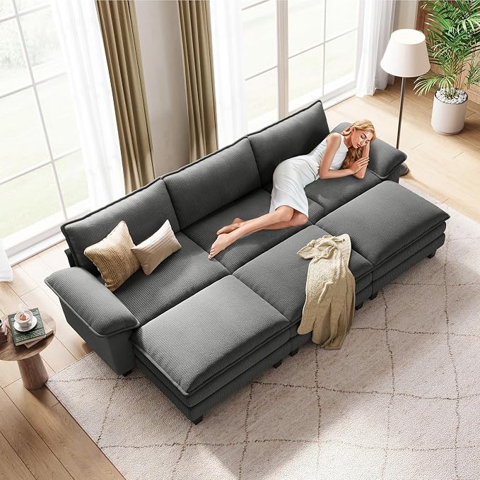 LINSY HOME 123'' Modular Sectional Sofa 3 Seat Couch Corduroy Cloud Couch with Deep Seat, Modern Cloud Couch with 3 Movable Ottoman for Living Room, Office, Bedroom, Grey