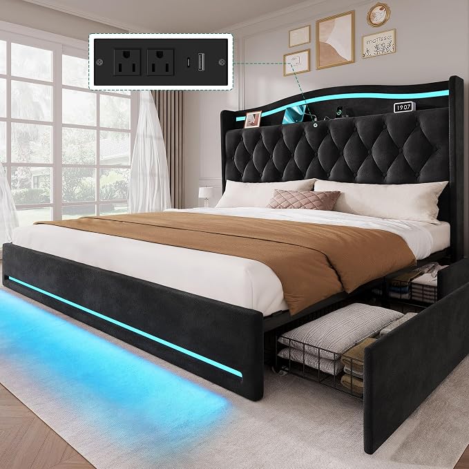 DWVO King Size Bed Frame with 4 Storage Drawers and RGB LED Lights, 57'' Tall Headboard Velvet Upholstered Bed with Charging Station, No Box Spring Needed, Easy Assembly, Noise-Free, Black