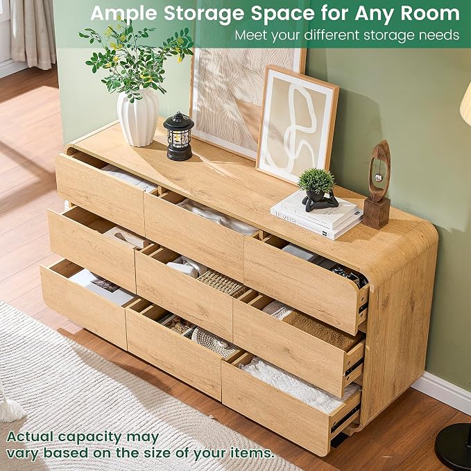 Standifurno Natural Dresser for Bedroom with 9 Drawers, 57" Wide Modern Drawers with Curved Design, Wood Drawer Organizer for Living Room, Hallway