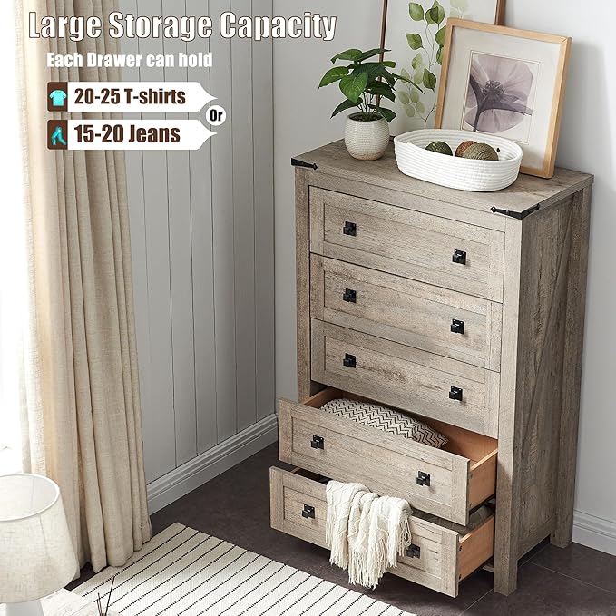 T4TREAM 48" Tall Farmhouse 5-Drawer Dresser for Bedroom, Light Rustic Oak | Rustic chests of drawers, Wood Storage Cabinet, Metal Handle, Unique Corner Accent, Bedroom, Living Room, Hallway
