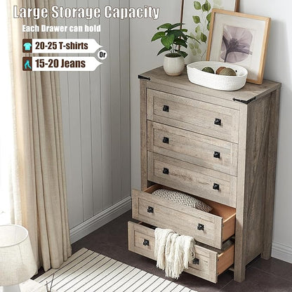 T4TREAM 48" Tall Farmhouse 5-Drawer Dresser for Bedroom, Light Rustic Oak | Rustic chests of drawers, Wood Storage Cabinet, Metal Handle, Unique Corner Accent, Bedroom, Living Room, Hallway