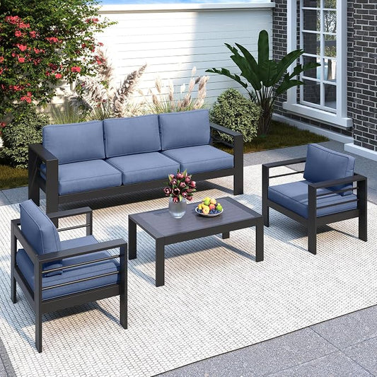 Solaste Aluminum Patio Furniture Set for All Weather, Oversized Metal Outdoor Furniture Set with 27.5" Deep Seating and 3.2" WIde Armrest, Outdoor Patio Conversation Sets with 10’’ Back Suport Cushion