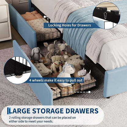 Garvee Full Size Bed Frame with 2 Flexible Drawers, Upholstered Platform Bed Frame with Bookcase Headboard and LED Lights, Kids Bed for Boys, Easy Assembly, Noise Free, Blue