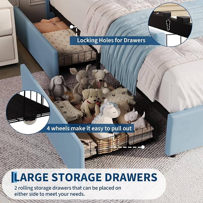 GarveeHome Twin XL Bed Frame with Storage Headboard, Kids Bed Frame with 2 Drawers, Velvet Upholstered Platform Bed Frame with Lights, No Box Spring Needed, Easy Assembly, Velvet Blue