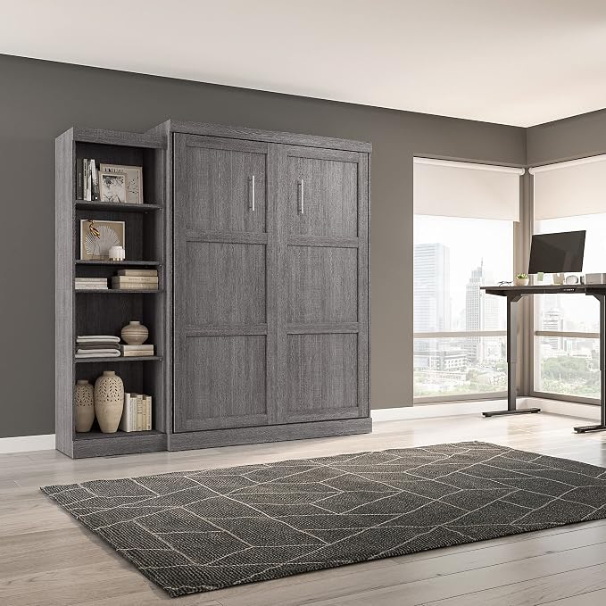 Bestar Pur Queen Murphy Bed with Shelving Unit, 90-inch Space-Saving Sleeping Arrangement for Multipurpose Room in Bark Grey