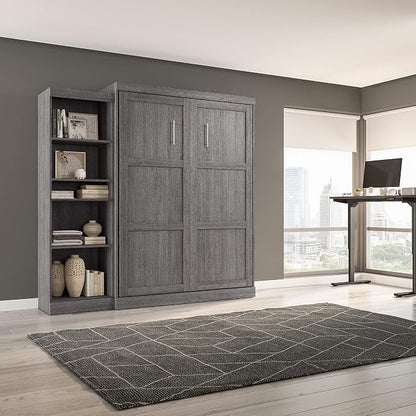 Bestar Pur Queen Murphy Bed with Shelving Unit, 90-inch Space-Saving Sleeping Arrangement for Multipurpose Room in Bark Grey