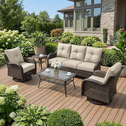 Patio Furniture Set, 5PCS Outdoor Wicker Conversation Set with 6" Thick Cushions, High Back Rattan Sofa & Swivel Rocker Chairs, Weather Resistant Olefin Fabric for Garden, Poolside, Beige