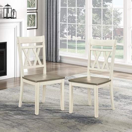 Lexicon Farmhouse Wood Dining Chair, Set of 2, Double Cross Back, Rustic Armless Chairs, Kitchen and Dining Room Furniture, Two-Tone Finish (Greywash and Antique White)