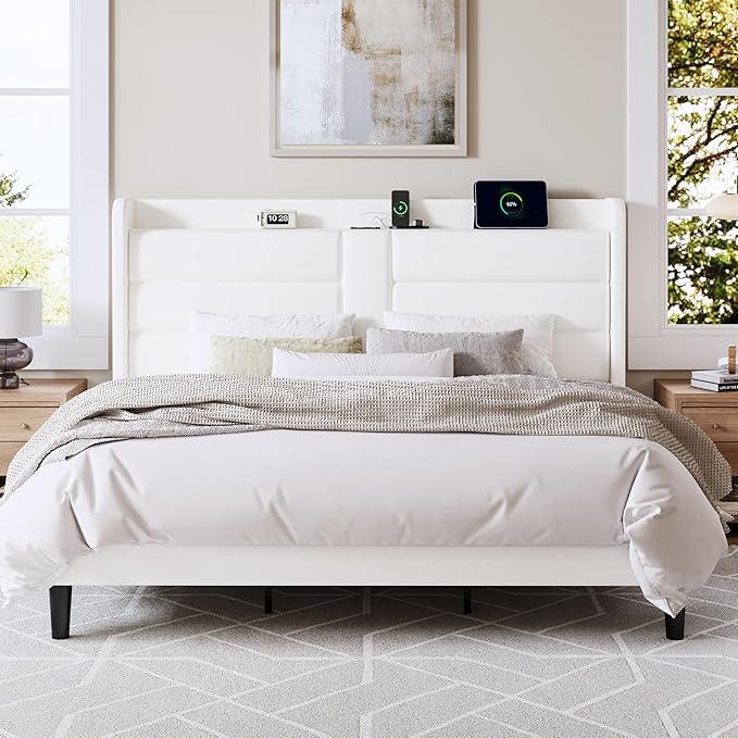 Allewie King Size Platform Bed Frame with Charging Station & Storage Headboard, Upholstered Velvet Wingback Design & USB Port, Strong Wooden Slats Support, No Box Spring Needed, Easy Assembly, White