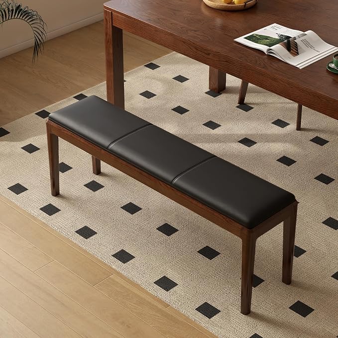 47.2'' Leather Upholstered Dining Bench with 100% Solid Oak Wood Bench Frame, 13.8'' Widened Padded Bed End Bench Ottoman for Kitchen Living Room Bedroom Entryway, Black