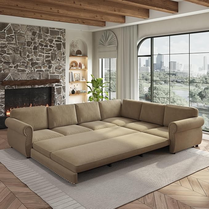118" L-Shaped Sleeper Couch Bed - Oversize Convertible with Pull-Out Sofa Bed, Button Tufted Chesterfield Sofa, Chenille Sectional Vintage Couches for Living Room/Apartment(6-Seater, Camel) | Oversize Convertible