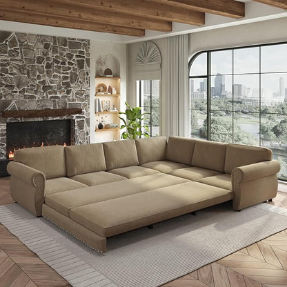 118" L-Shaped Sleeper Couch Bed - Oversize Convertible with Pull-Out Sofa Bed, Button Tufted Chesterfield Sofa, Chenille Sectional Vintage Couches for Living Room/Apartment(6-Seater, Camel) | Oversize Convertible