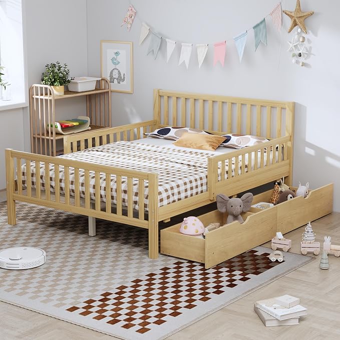 Bellemave Kids Full Size Bed Frame with Storage Drawers,Wood Full Bed Frames for Kids,Full Bed Frame with Headboard and Footboard for Boys Girls,No Box Spring Needed,Natural