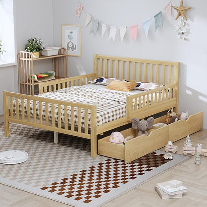 Bellemave Kids Full Size Bed Frame with Storage Drawers,Wood Full Bed Frames for Kids,Full Bed Frame with Headboard and Footboard for Boys Girls,No Box Spring Needed,Natural