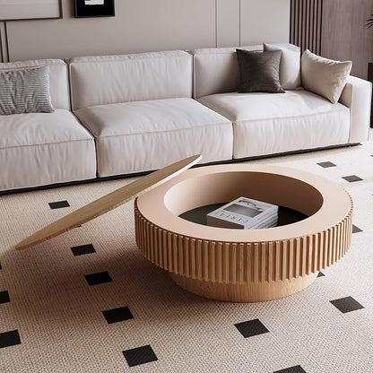 39'' Round Coffee Table with Storage, Modern Wooden Coffee Table with Solid Wood Veneered, Circle Center Table Accent Tea Table for Living Room Apartment Natural Wood