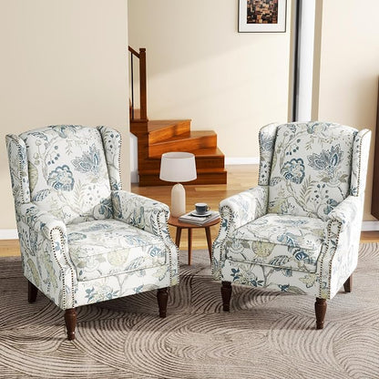 High Back Accent Chair, Fabric Upholstered Armchair Floral Wingback Chair for Living Room, Comfy Single Sofa Bedroom Reading Seat with Solid Wood Legs - Plants Blue