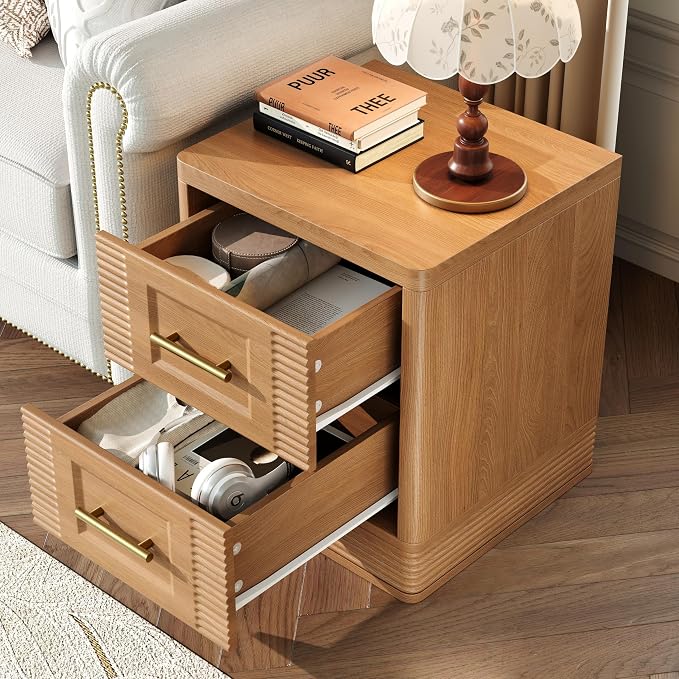 RECHHX Small Dresser for Bedroom, Farmhouse Nightstand with 2 Drawer for Narrow Spaces, Thermoformed Curved End Table for Bedroom, Living Room, Natural Oak