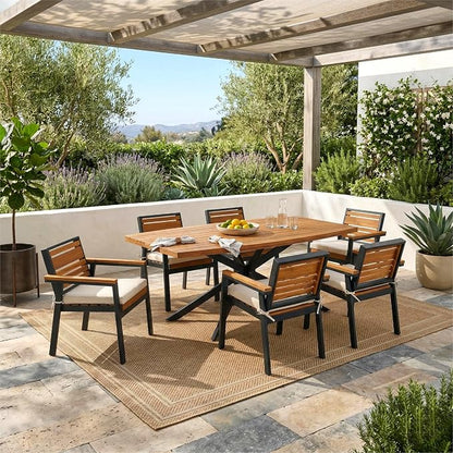 Quarte Stylish 7-Piece Acacia Wood and Iron Dining Set with Removable Cushions – Perfect for Indoor and Outdoor Family Gatherings (Beige/m+w)
