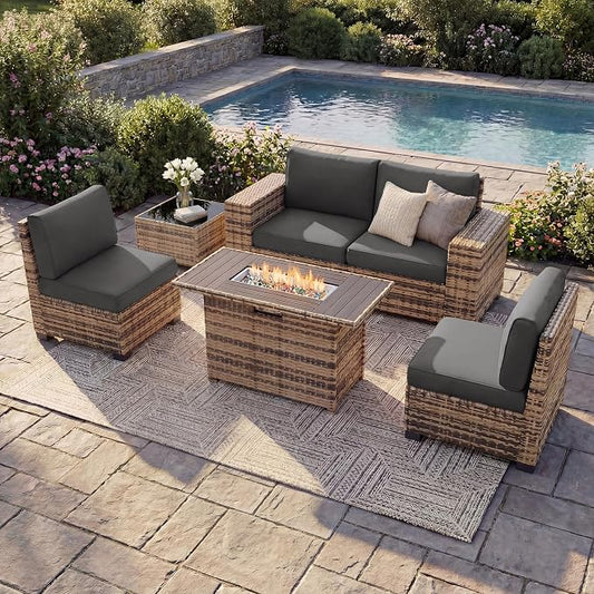 UDPATIO Patio Furniture Set with Fire Pit Table, 8 Inch Armrest Outdoor Sectional Sofas, 5 Piece All-Weather Wicker Conversation for Garden, Backyard