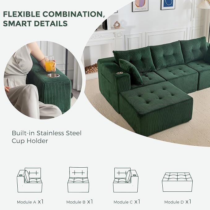 MAXYOYO Modular Sectional Sofa Couch, L Shaped Modern Cloud Couch with Ottoman, Sofa in A Box, Tufted 4-Seat Boneless Sleeper Chair for Living Room, No Assembly Required, Green