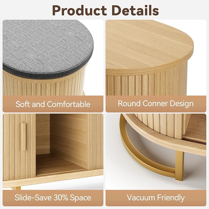 Decofy Shoe Storage Bench with Cushion and Sliding Doors, 47.2 Inch Shoe Bench with Storage, Freestanding Entryway Bench with Storage, Sturdy Metal Feet, for Hallway & Entrance Hall, Oak