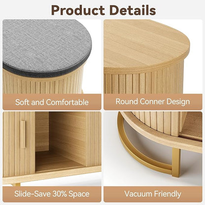 Decofy Shoe Storage Bench with Cushion and Sliding Doors, 47.2 Inch Shoe Bench with Storage, Freestanding Entryway Bench with Storage, Sturdy Metal Feet, for Hallway & Entrance Hall, Oak