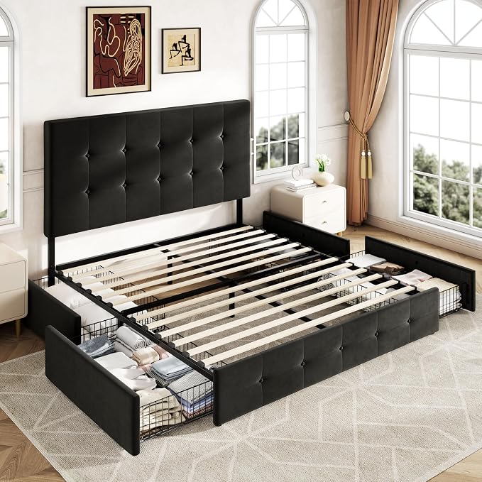 Allewie Upholstered Queen Size Platform Bed Frame with 4 Storage Drawers and Adjustable Headboard, Square Button Tufted, Wooden Slats Support, Noise-Free, No Box Spring Needed, Easy Assembly, Black
