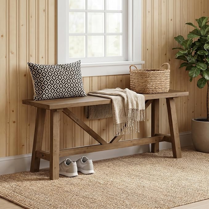 Wnutrees 43" Farmhouse Solid Wood Bench, Narrow Long Seat for Entryway Living Room Dining Area, Natural
