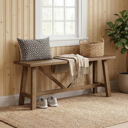 Wnutrees 43" Farmhouse Solid Wood Bench, Narrow Long Seat for Entryway Living Room Dining Area, Natural