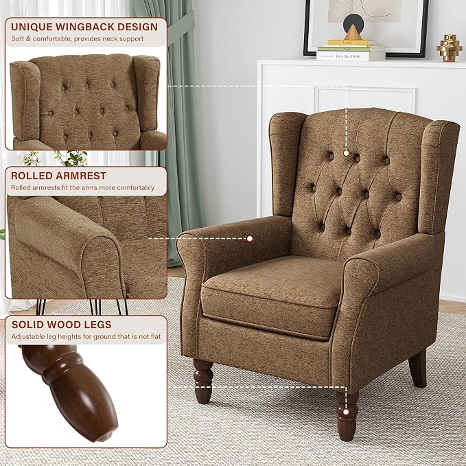 Wingback Accent Chair, High Back Arm Chair for Living Room, Button-Tufted Upholstered Fabric Armchair with Solid Wood Legs, Comfy Single Sofa Reading Chair for Bedroom, Brown