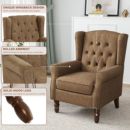 Wingback Accent Chair, High Back Arm Chair for Living Room, Button-Tufted Upholstered Fabric Armchair with Solid Wood Legs, Comfy Single Sofa Reading Chair for Bedroom, Brown