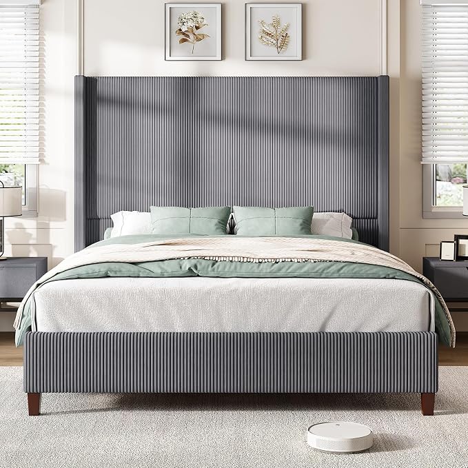 AMERLIFE Queen Size 62" Corduroy Upholstered Bed Frame, Luxurious Platform Bed with Extra Tall Wingback Headboard and Vertical Stripe, No Box Spring Needed/Solid Wood Slats & Legs/Gray